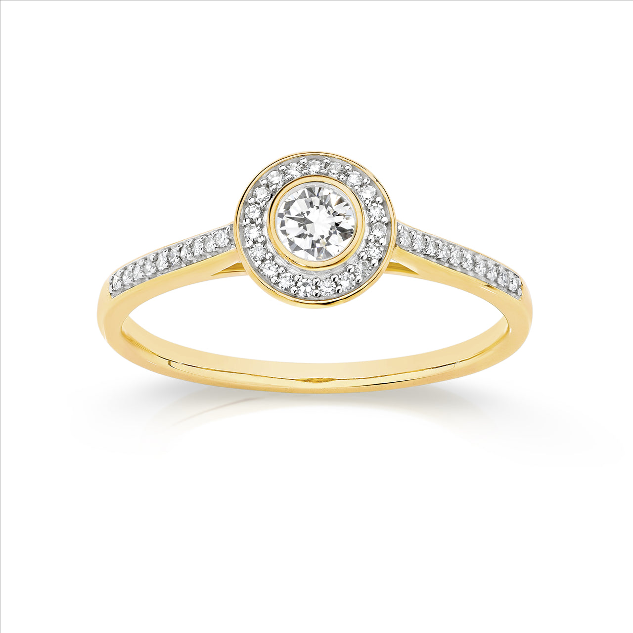 Diamond Bezel halo yellow gold ring