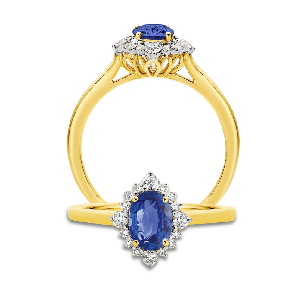Natural 0.90ct oval Ceylon Sapphire & 0.28ct diamond Sunrise ring