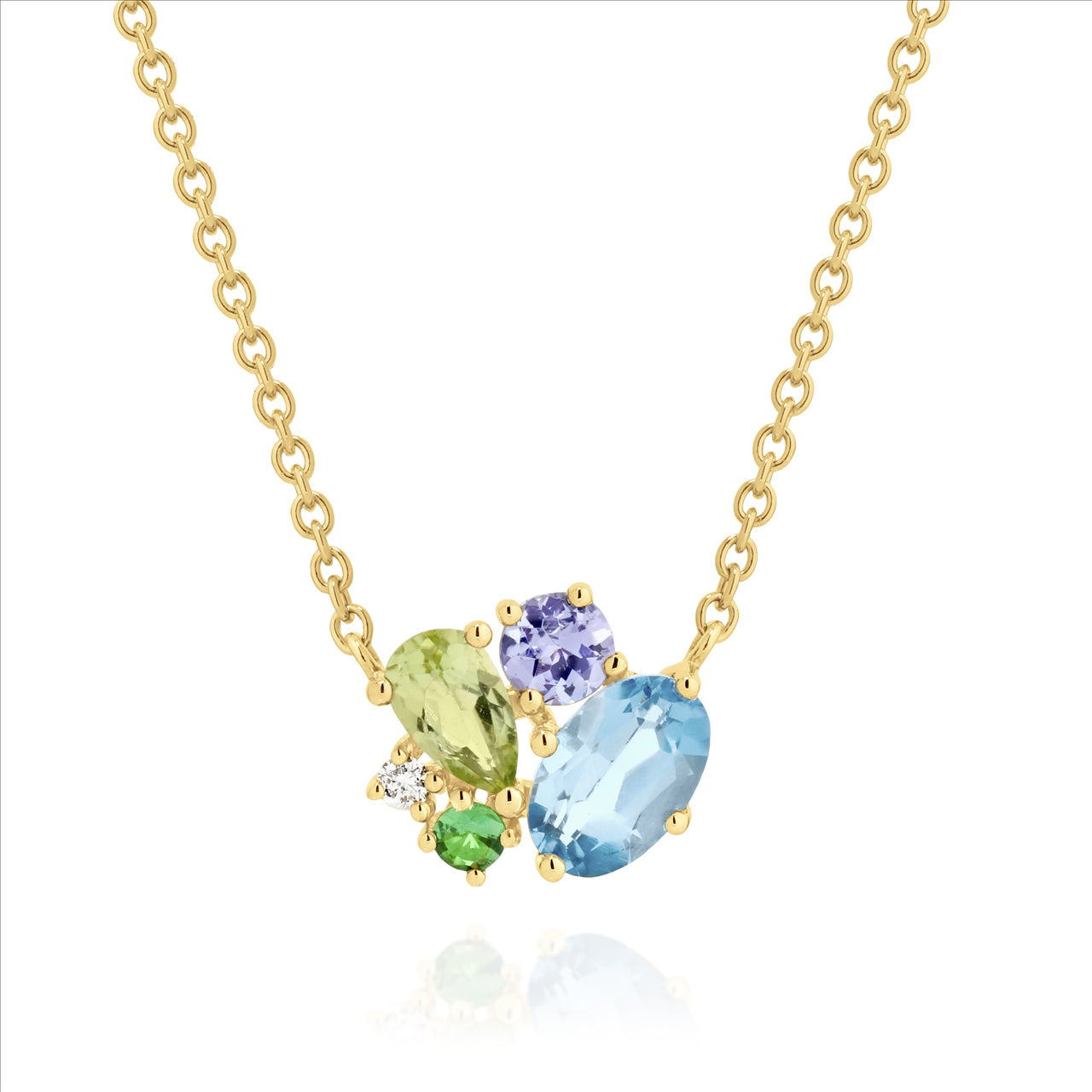 Radiant 9ct Yellow Gold Gemstone Scatter Necklet with Blue Topaz, Peridot, Tsavorite Garnet, Tanzanite, and Diamond - 41cm Chain