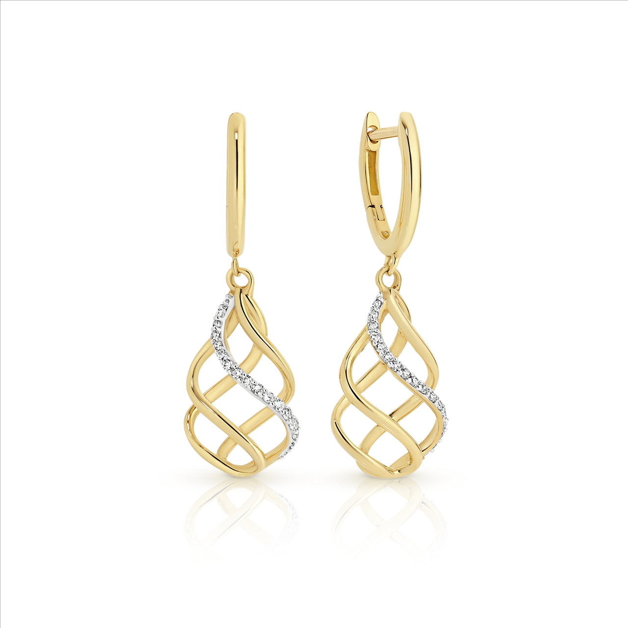 Diamond swirl gold drop huggie earrings