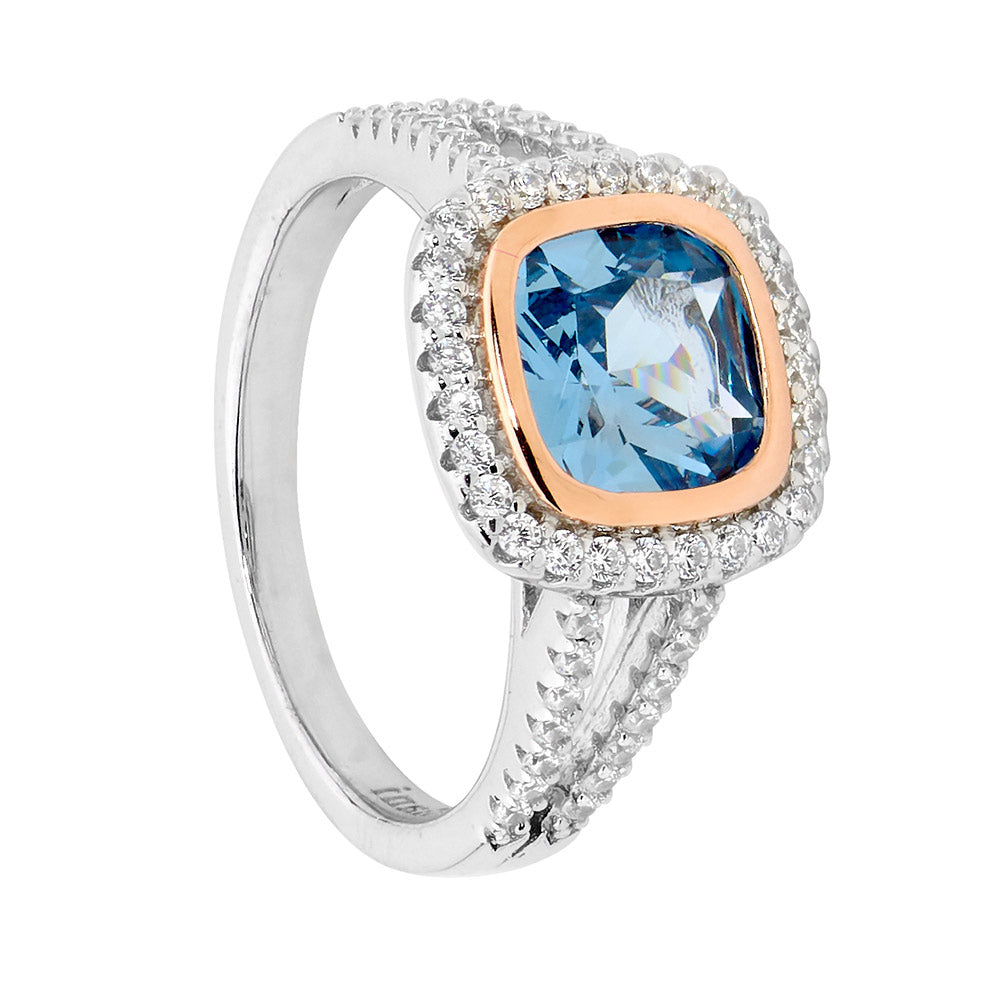 Cushion Cut Blue Spinel Halo Ring Sterling Silver & Rose Gold Plating