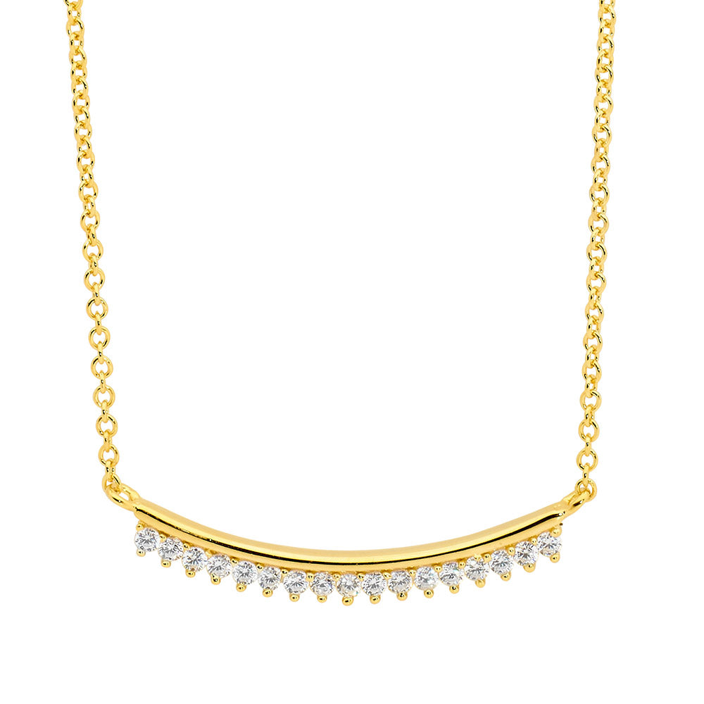 Cubic Zirconia Curved Bar Necklace Sterling Silver Yellow Gold Plated