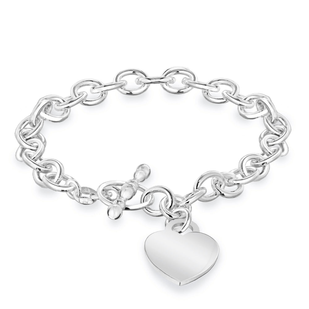 Silver Oval Belcher Heart Tbar Bracelet 19cm
