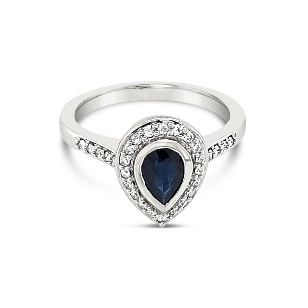 Royal Blue Sapphire and Diamond Halo Ring 18ct White Gold