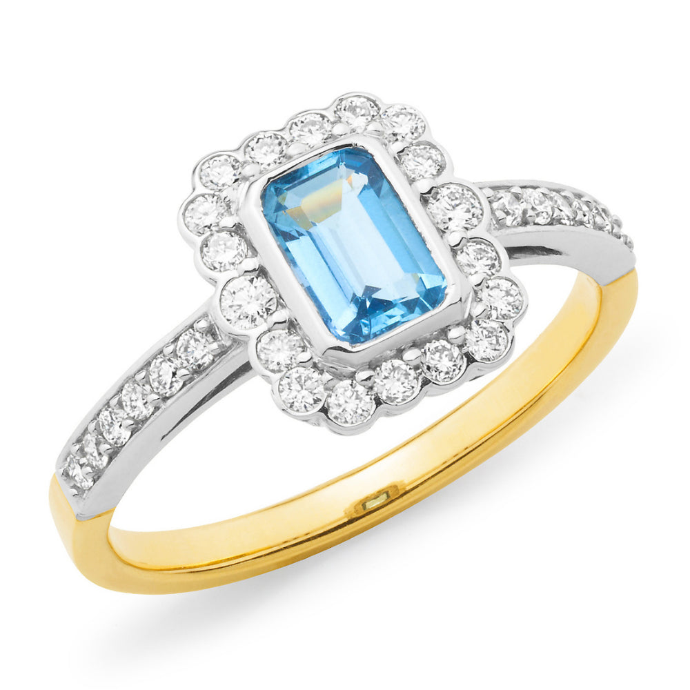 Aquamarine and Diamond Halo Ring 9ct Yellow & White Gold