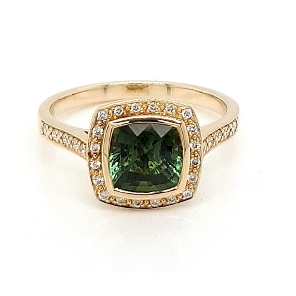 Green Tourmaline & Diamond Halo Gold Ring