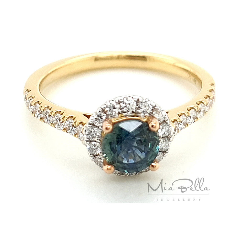 Montana Teal Parti Sapphire and Diamond Halo Ring 18ct Yellow & White Gold