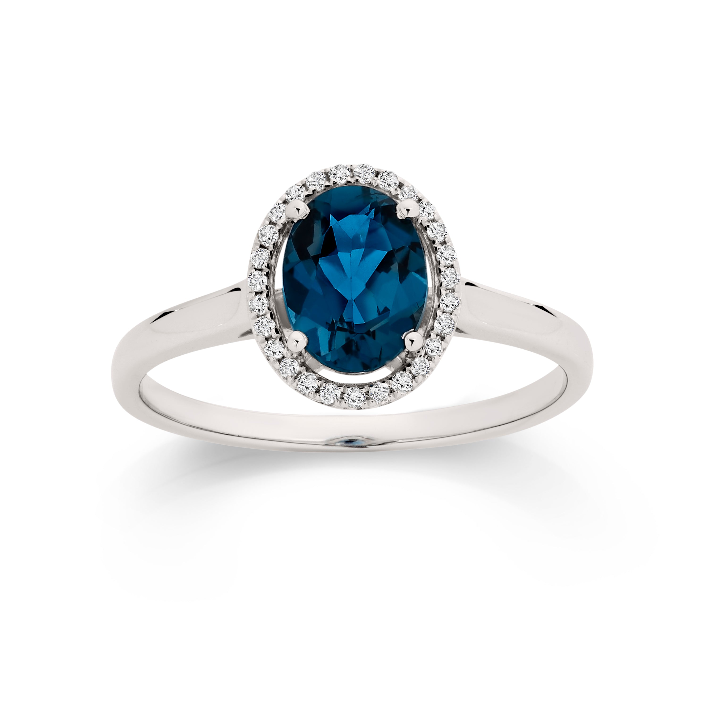 London Blue Topaz and Diamond Halo Ring 9ct White Gold