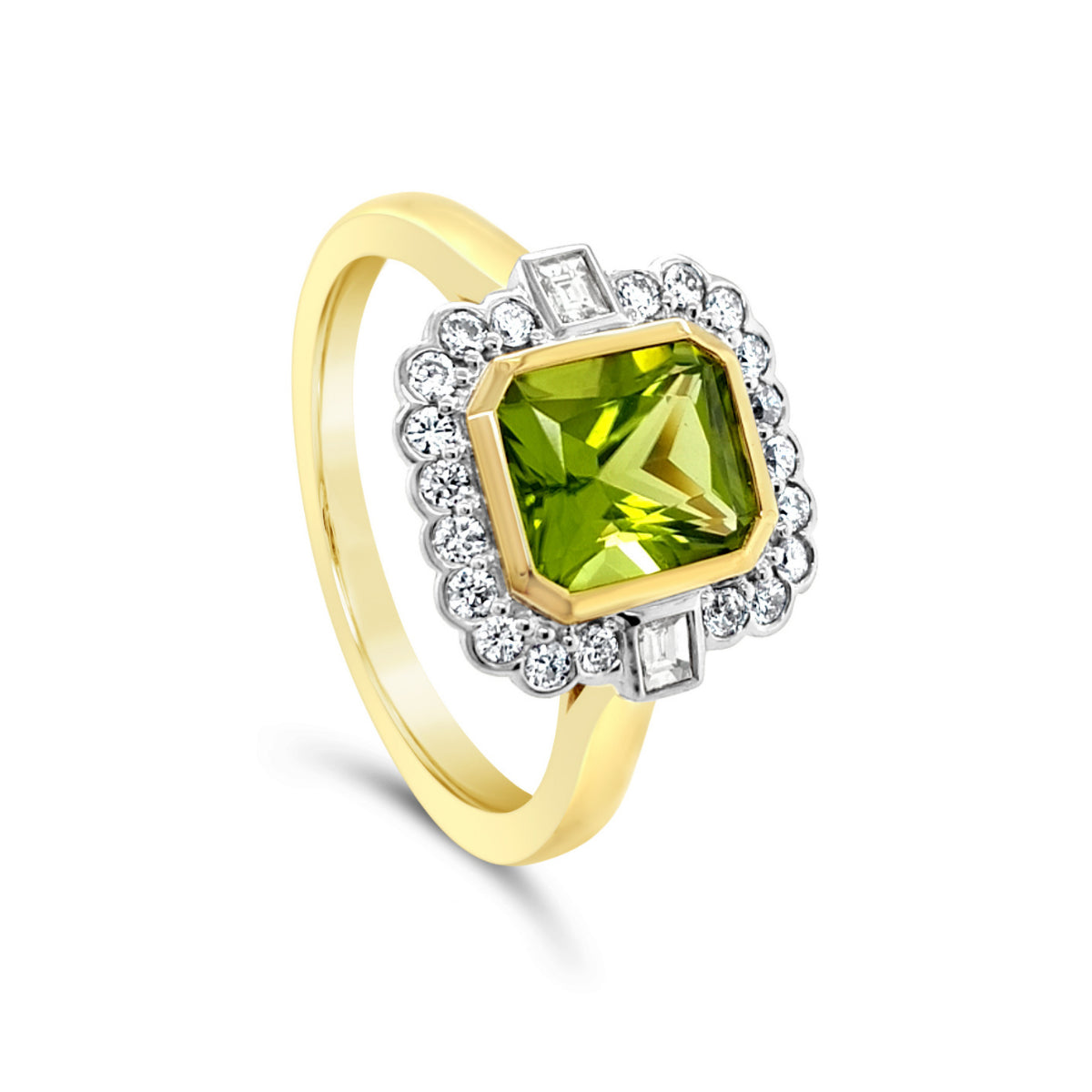 Peridot and Diamond Halo Yellow Gold Dress Ring