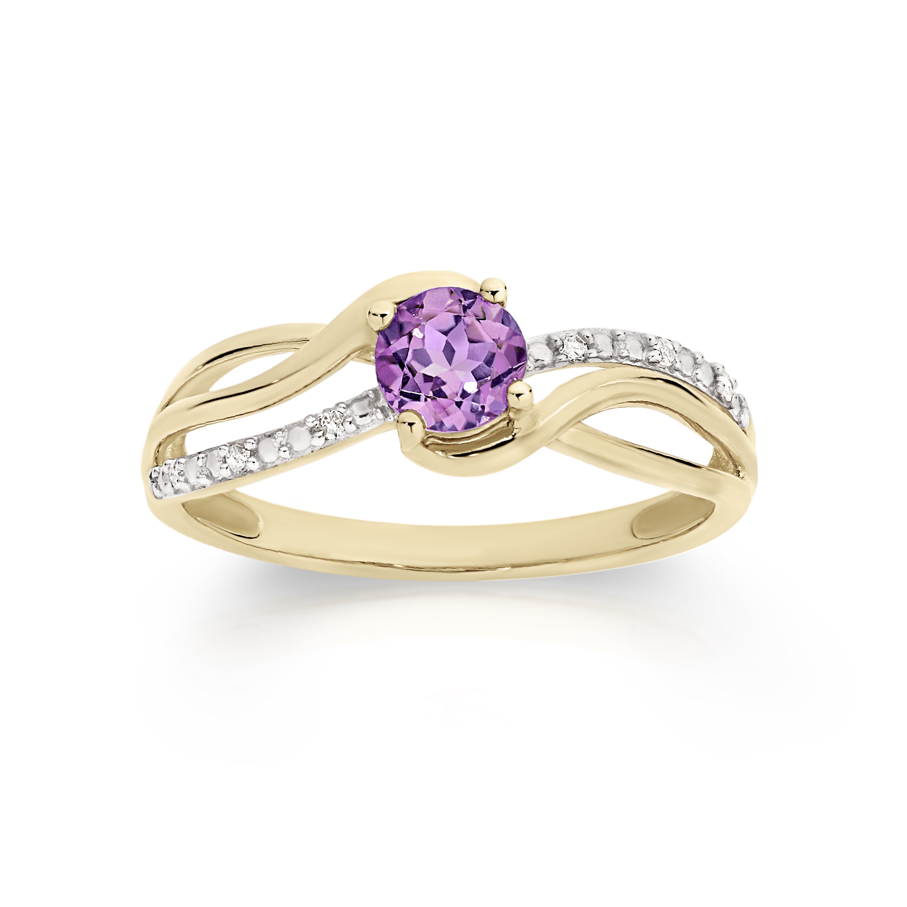 Amethyst and Diamond Crossover Gold Ring