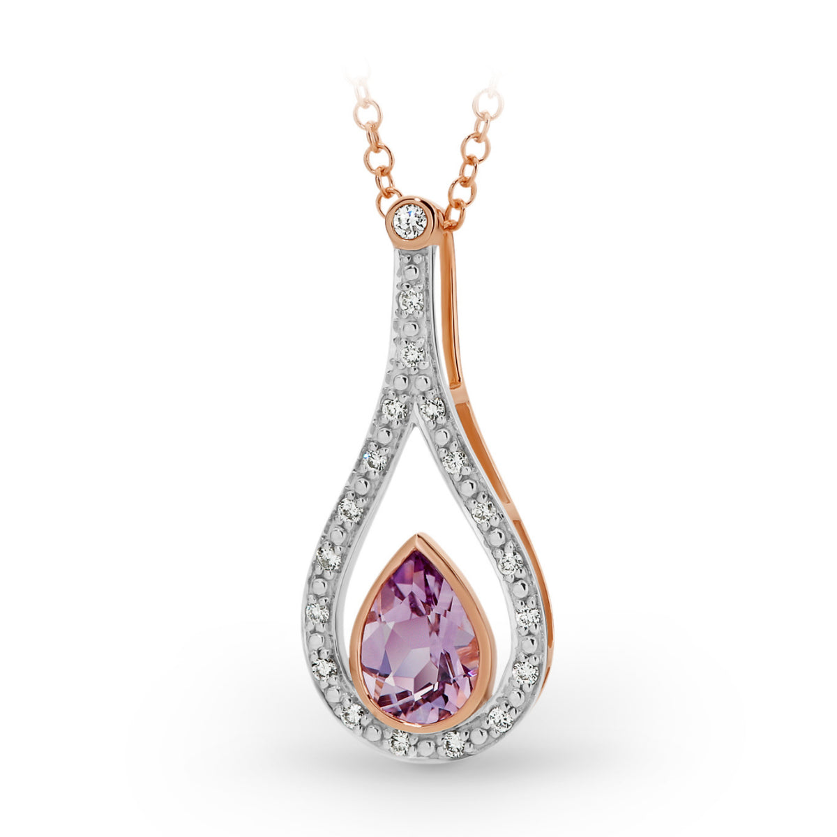 Pink Amethyst and Diamond Pendant set in 9ct Rose Gold