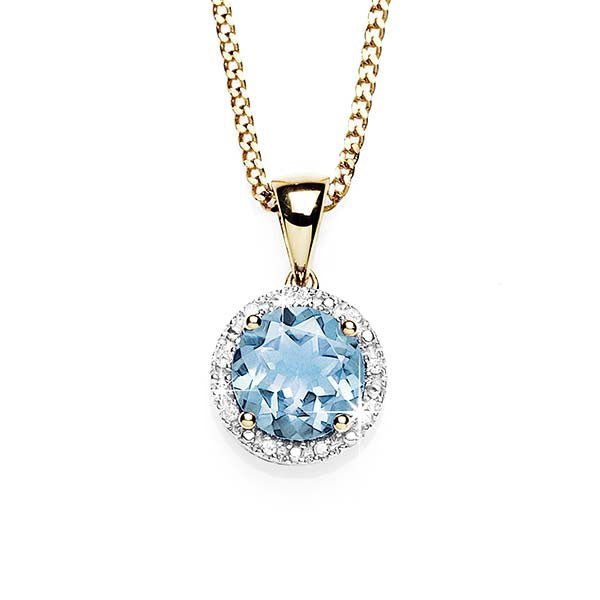 Blue Topaz & Diamond Halo Gold Pendant