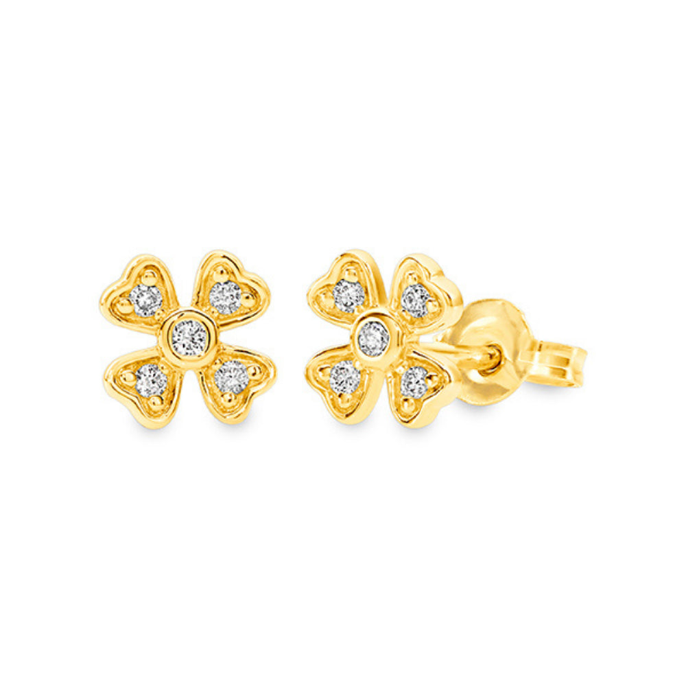 Diamond 4 Leaf Stud Earrings 9ct Yellow Gold