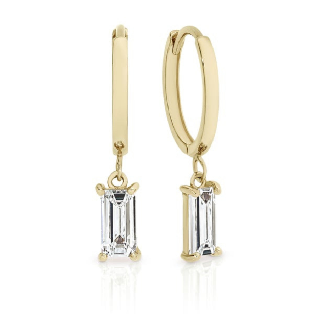 Gold Huggie Earrings with Emerald Cut Drop