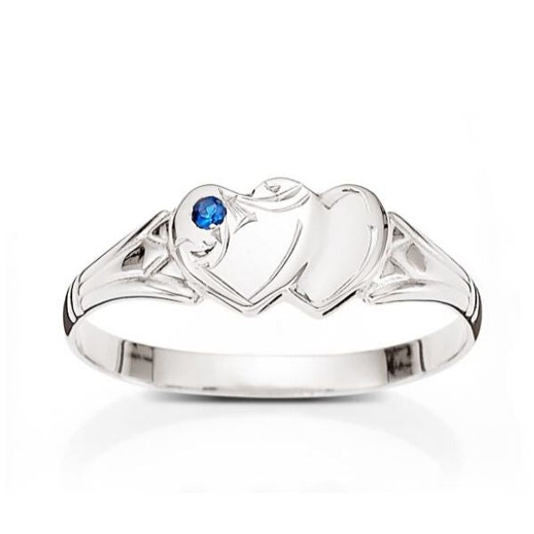 Sterling Silver Double Heart Blue Stone Signet Ring.