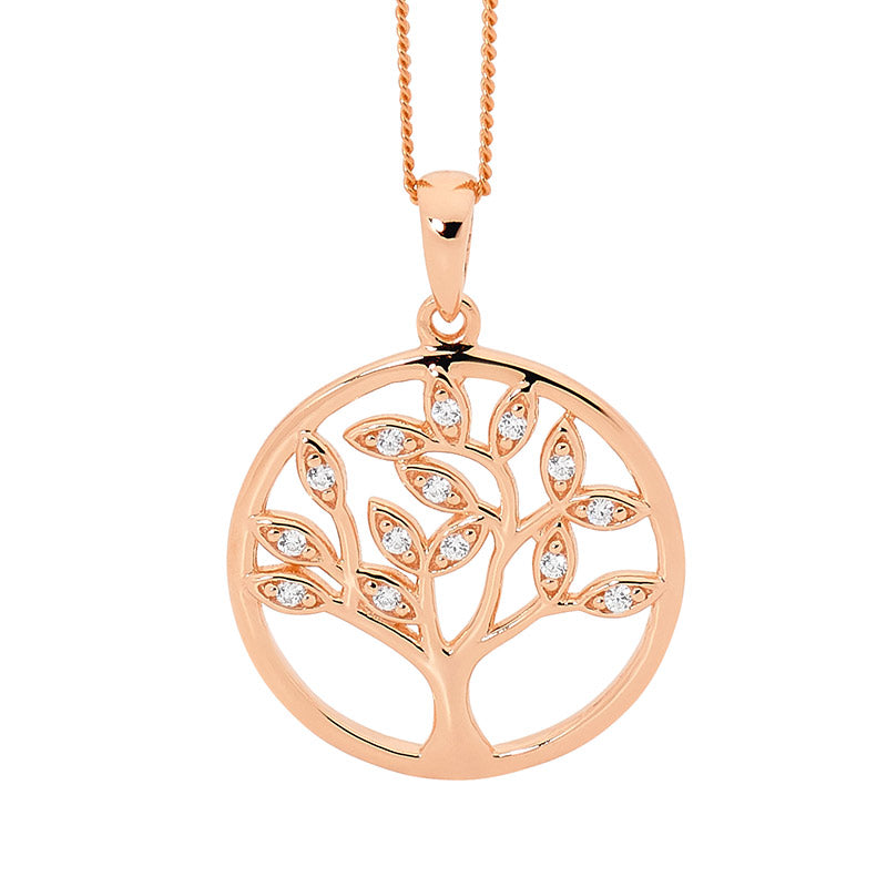 Cubic Zirconia Tree Of Life Pendant Sterling Silver Rose Gold Plate
