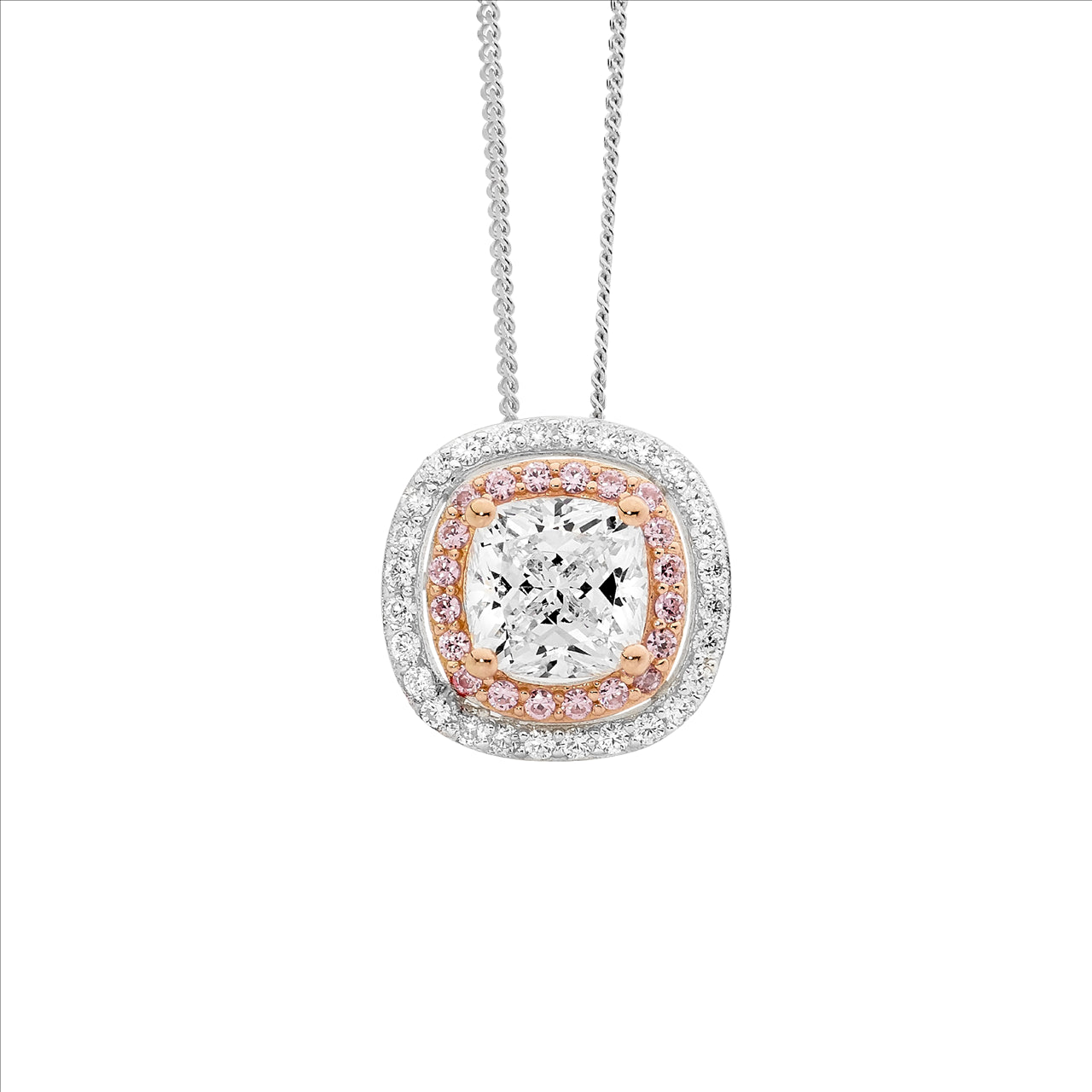 Cubic Zirconia Double Halo Necklace Sterling Silver and Rose Gold Plating