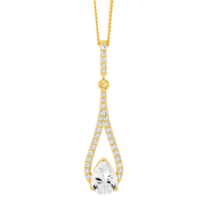 Cubic Zirconia Open Tear Drop Necklace Sterling Silver Yellow Gold Plated