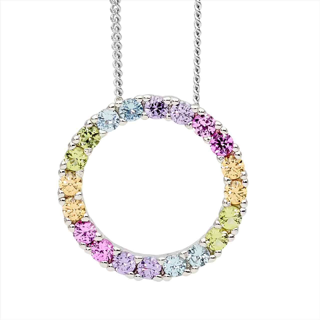 Sterling Silver Multicoloured Cubic Zirconia Pendant On Chain