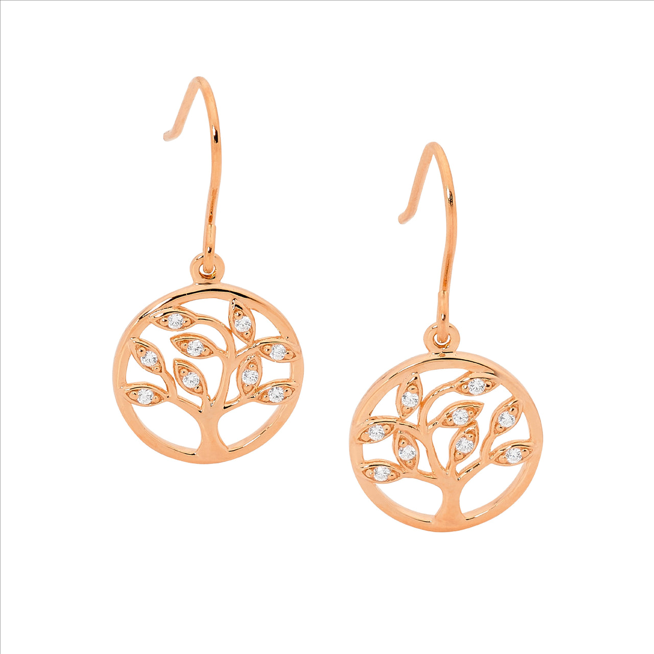 Cubic Zirconia Tree Of Life Shephard Hook Earrings Sterling Silver Rose Gold Plated