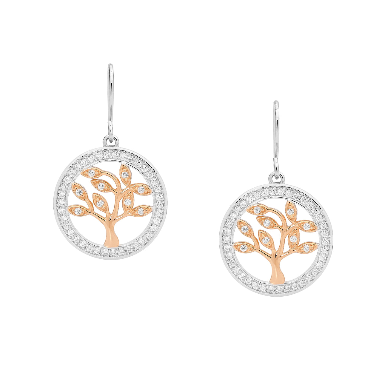 Cubic Zirconia Tree Of Life Earrings Sterling Silver & Rose Gold Plating