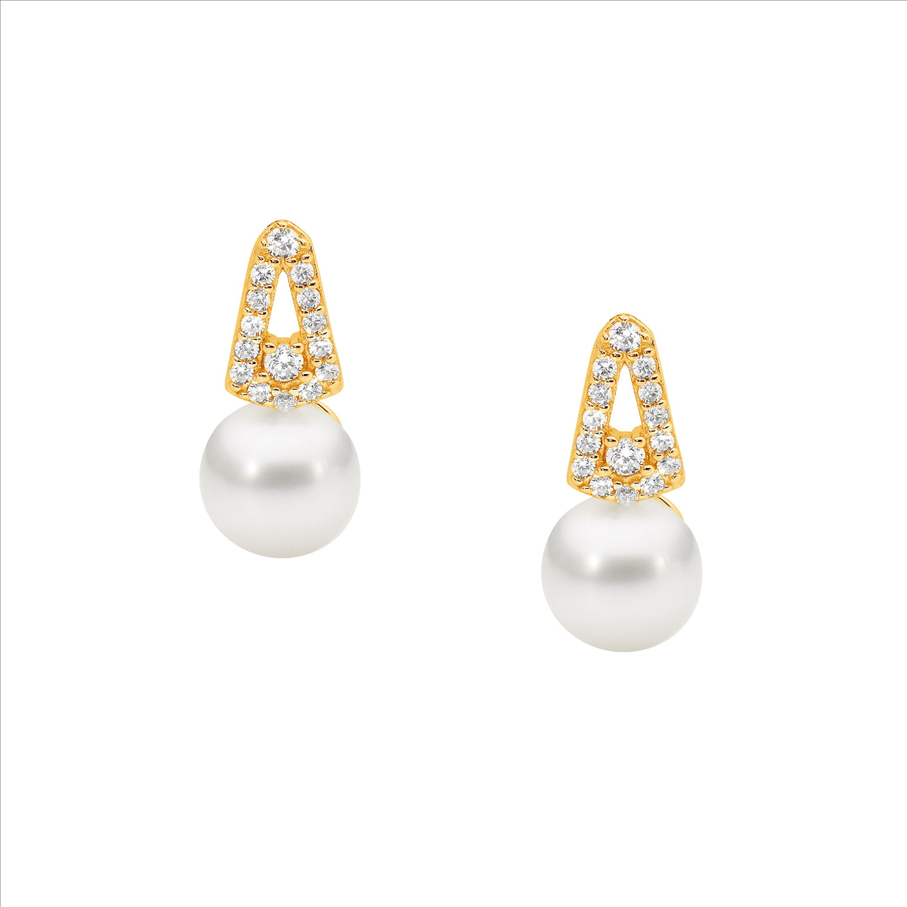 Freshwater Pearl & Cubic Zirconia Stud Earrings Sterling Silver Yellow Gold Plated